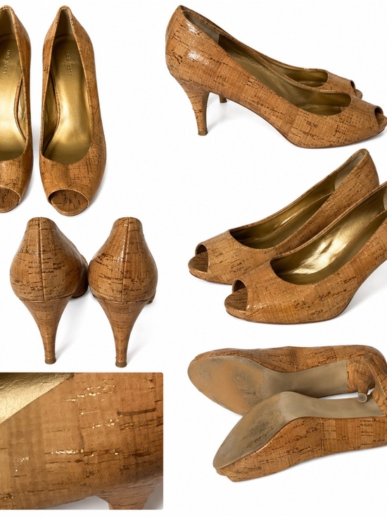 Nine West Tan Cork Peep-Toe Heels Size 10